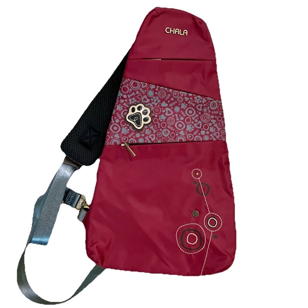 Chala Burgundy Nylon Sling Bag Escape Cat Dog Paw Print Crossbody Backpack EUC